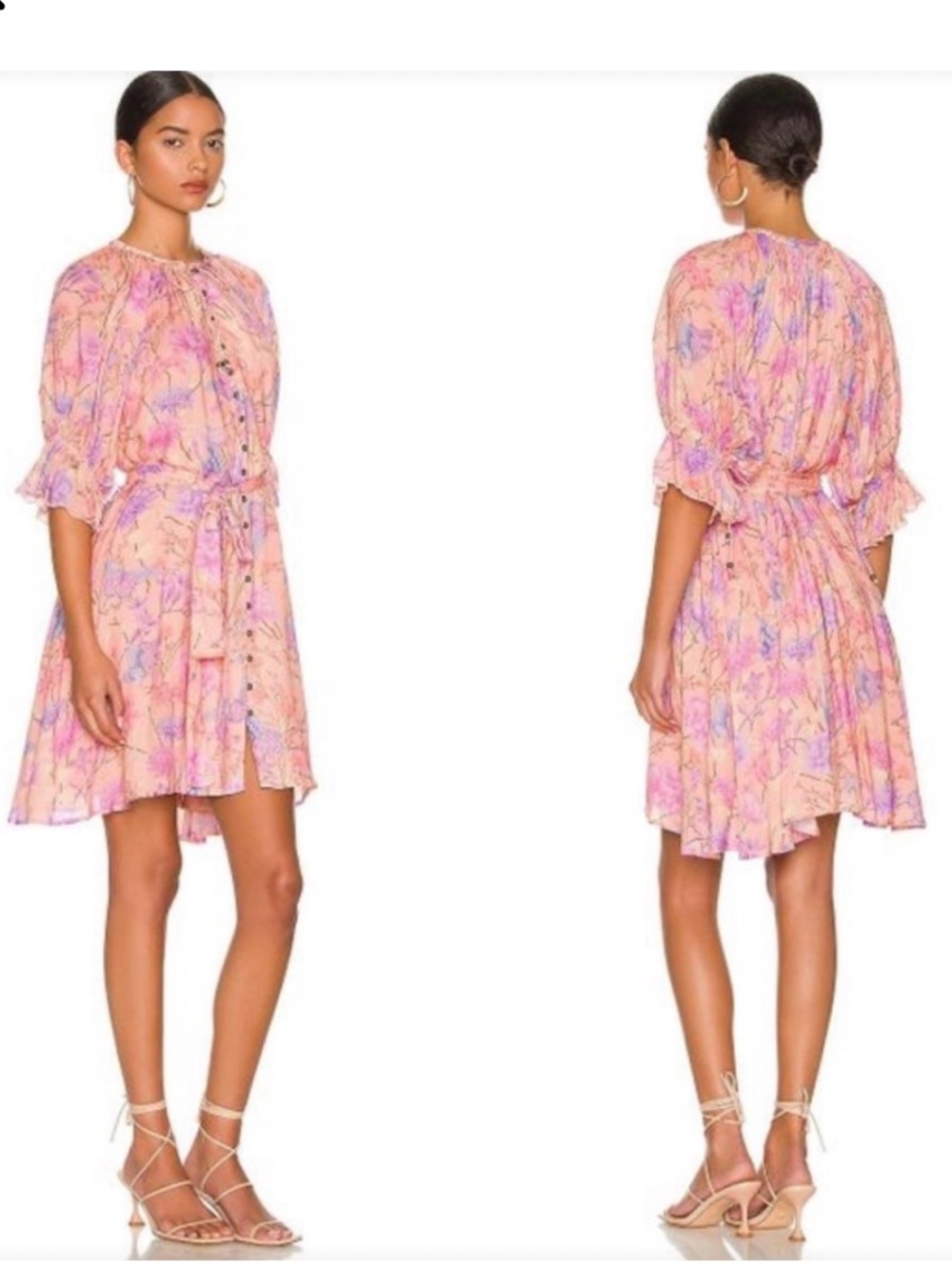 Spell butterfly mini musk Pink Floral Button-Front Tie-Waist Ruffle Mini Dress